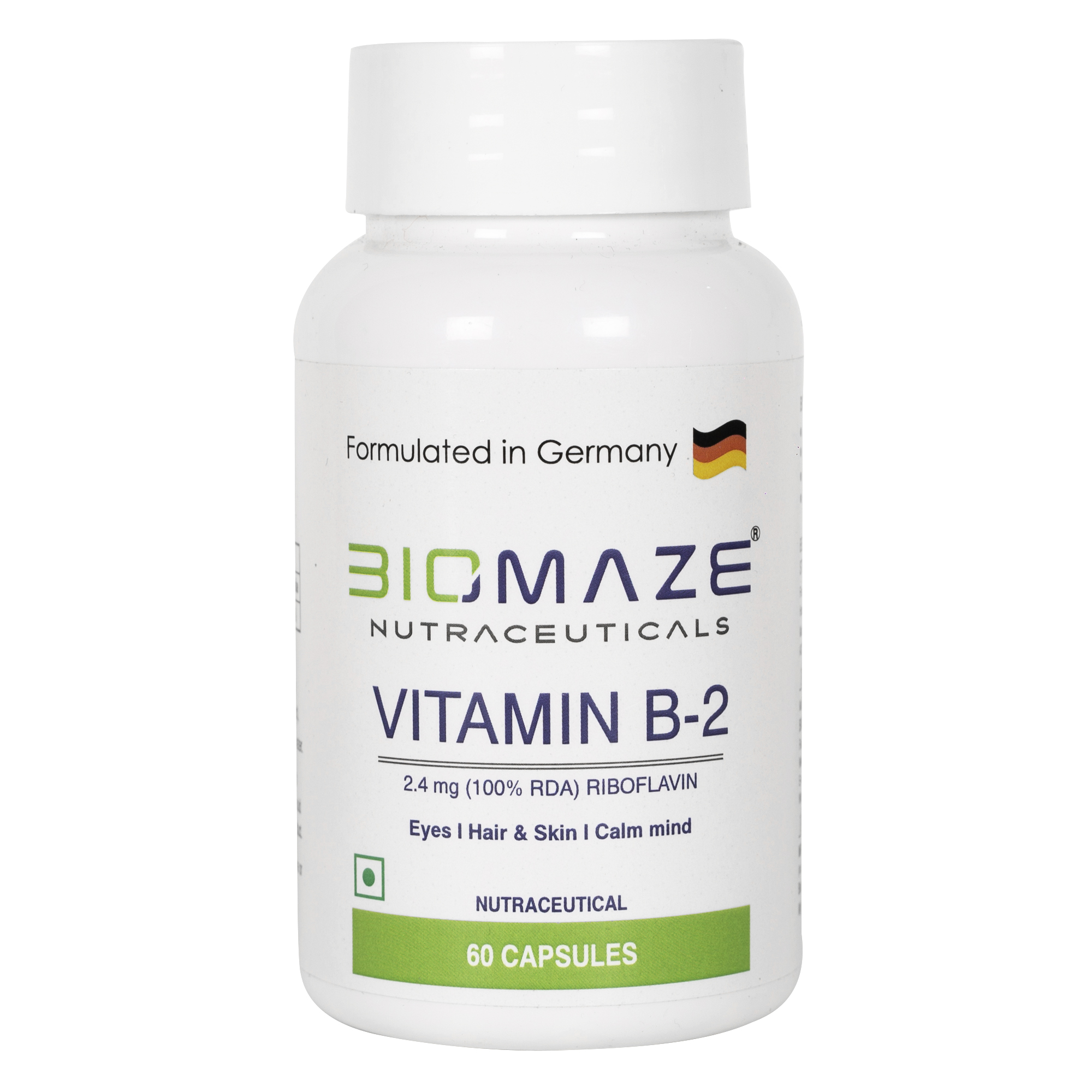 Biomaze Nutraceuticals Riboflavin Vitamin B2, 2.4mg – Supports Energy Production, Eye Health, and Skin Vitality | Vegetarian Capsules