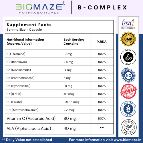 Biomaze Nutraceuticals B-Complex – 100% RDA of All Essential B Vitamins ...